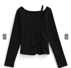 黒 リブ編み オフショルダー 長袖トップス