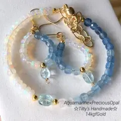 天然石♡大粒オパール×アクアマリンのピアス14kgf
