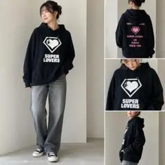 SUPER LOVERS ロゴプリント パーカー 黒 レディースのサムネイル