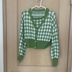 グリーン・ホワイトチェック カーディガン・タンクトップセット