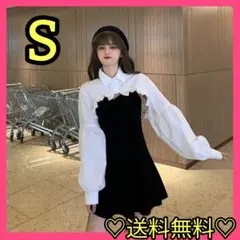 ショート丈ブラウスミニワンピースレディース ホワイトブラック 細見オシャレ映えS