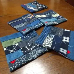 ハンドメイド►パッチワーク►藍染古布 大きめコースター5枚 ミニマット 花瓶敷