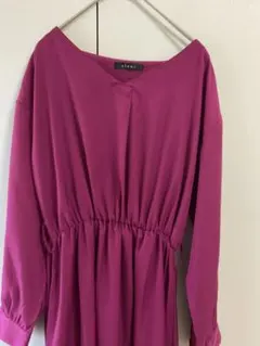 ロングワンピース 長袖 Vネック パープル 紫 ぶどう色