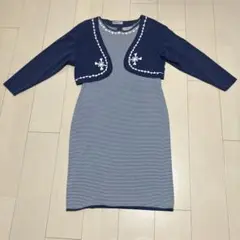 tomatsu ネイビー・ホワイト ストライプ 半袖ワンピース　ボレロ付　M
