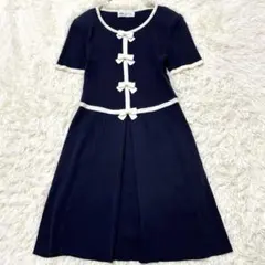 ホワイトイタリヤード ニットフレアワンピ リボン ネイビー　M 日本製　上品