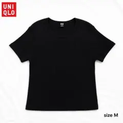 UNIQLO リブクルーネック 半袖Tシャツ ブラック M ショート丈