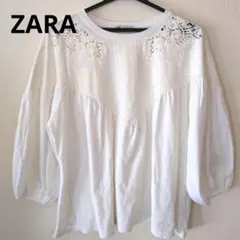 ZARA ザラ ホワイトブラウス 五分袖 刺繍レース入り バルーン袖