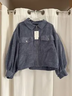 ブルー　コーデュロイ クロップドジャケット