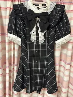 アクセサリーリボンレースフリル半袖セットアップ チェッククロ シークレットハニー