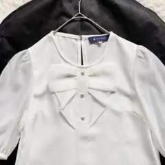 M'S GRACY ブラウス リボン パフスリーブ パールボタン 白