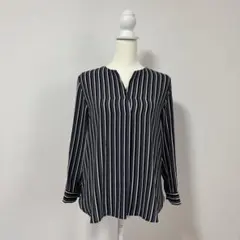 23区 ストライプ ブラウス 38 ネイビー ホワイト 長袖 Vネック