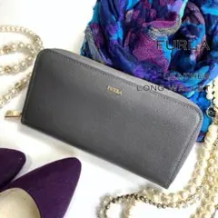 【美品】FURLAフルラ バビロン ロゴ入りレザーラウンドファスナー長財布グレー