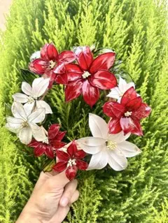 ポインセチア:クリスマスリース　ハンドメイド　ワイヤークラフト　ガラス細工