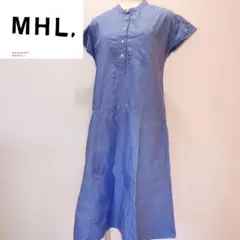 【美品】MHL コットンリネン シャンブレー バンドカラーワンピース ブルーのサムネイル