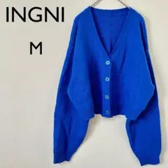 【イング】ニット　セーター　カーディガン　M 青 Vネック クロップド丈