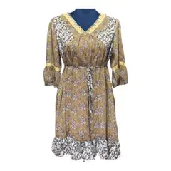 シフォンフレア膝上ワンピース　レース付きVネック　ウエストリボン　シースルー