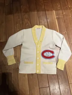 VAN SPORTS 刺繍入りクリーム色 カーディガン ニット カウチン 昭和