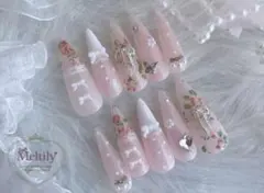 No.184【サイズオーダー】ネイルチップ 花柄 春 韓国 ドット トレンド