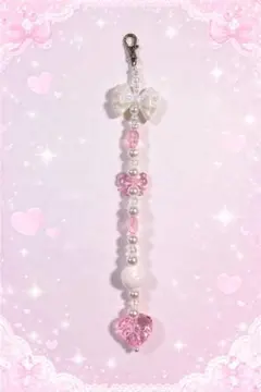 ハート型ビーズストラップ ホワイト・ピンク
