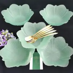 たち吉　ガラス小鉢グリーン５客　ステンレス金メッキアイススプーン５本箱入　未使用