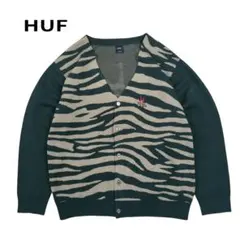 HUF カモ柄 カーディガン ニット ゼブラ柄 ロゴ 刺繍 迷彩 グリーン L