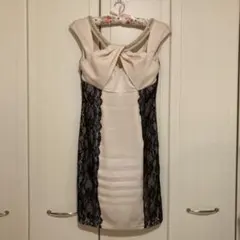 ローブドフルール　ミニドレス　ベージュ　ビジュー　パール　クロス　レース　黒　S