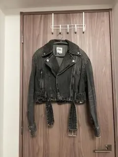 クロップドデニムジャケット ダークグレー ライダースデニムジャケット