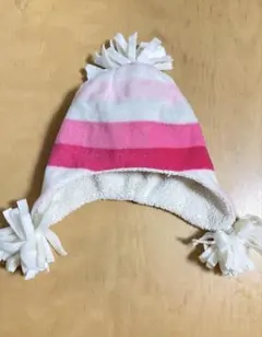 フリースニット帽 XS/S ピンクと白のストライプ