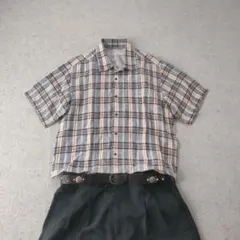 チェック 半袖シャツ ボックスシルエット リネン 短丈 f