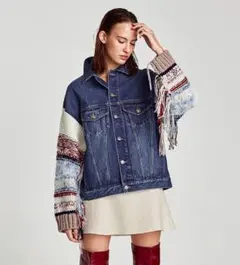 ZARA ザラ　ニットスリーブ　デニムジャケット　ジージャン　フリンジ　カラー