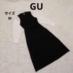 GU シャツスリーブニットワンピース M 黒 ウエストリボン カジュアル 個性的