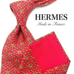 【美品】HERMES ネクタイ 総柄 レッド ブルー イエロー 赤 青 好配色