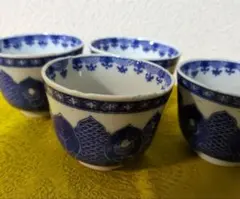 染付 湯飲み 4客セット 伝統文様　明治後期〜昭和初期　レトロ