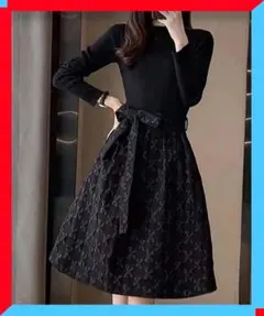 新品 リボン柄フレアワンピース ウエストマーク 着回しワンピ 【 送料無料 】