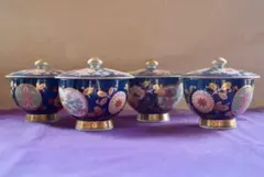 ロイヤルブルー金彩 花柄 煎茶碗 5個セット　蓋付き（写真は4客ですが５客あり）