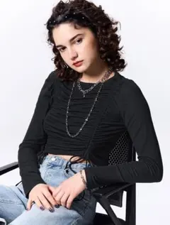 GU ブラック フロントギャザー　ルーシングt 長袖Tシャツ