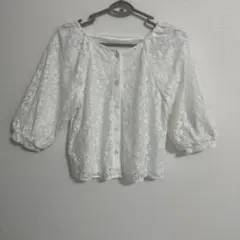 ホワイト レース 五分袖 シャツ　ブラウス　秋服　おしゃれ　earth フラワー