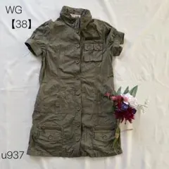 ミリタリーワンピース 半袖 ワンピ ポケット多め　カーキ　ダブルジー【38】M