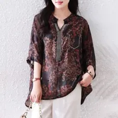 七分袖 ブラウス シフォン プリント 大きいサイズ 切り替 おしゃれ度高め