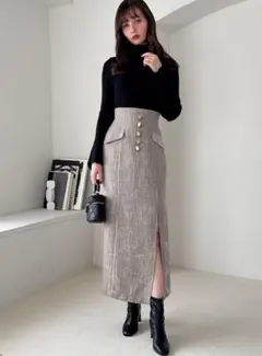 【新品タグ付き】アソートボタンツイードナロースカート[ta069]