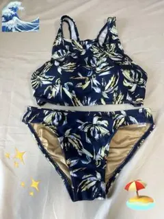 ネイビー花柄セパレート水着　背中編み込み インナーパンツ付き