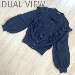 DUAL VIEW ウールカーディガン ネイビー フリル レース刺繍 長袖のサムネイル