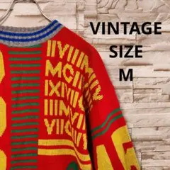 ヴィンテージ 希少 一点物 総柄ニット セーター 派手柄 ローズ ローマ数字 赤