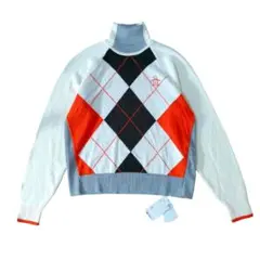 下げ札付き マンシングウェア アーガイルチェック タートルネック ニット L