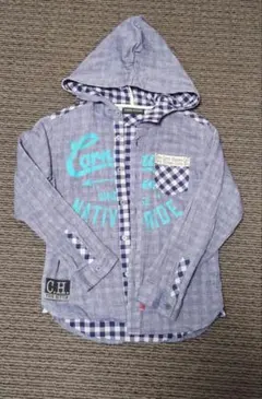 フード付きチェック柄長袖シャツ