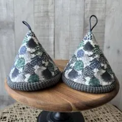● 三角鍋つかみ tree柄 グレー ブルー グリーンstaub キャンプなどにのサムネイル
