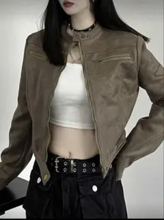 ブラウン スエード風 クロップドジャケット