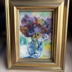 油彩画 K.YAMAMOTO 花瓶の花 静物画 額装のサムネイル
