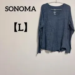 長袖 Tシャツ 【L】Vネック ダークブルー トップス 無地 シンプル 大人女子