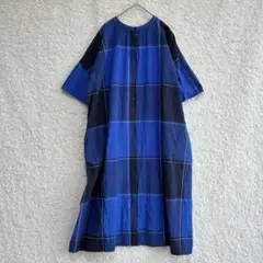 blue willow リネン混チェックロングワンピース 前後2WAY 青